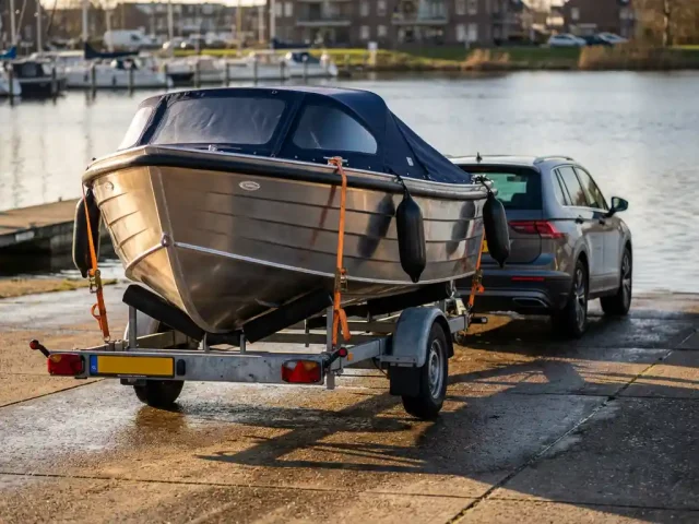 Aluminium sloep op boottrailer gekoppeld aan SUV bij betonnen botenhelling, gouden uurtje verlichting