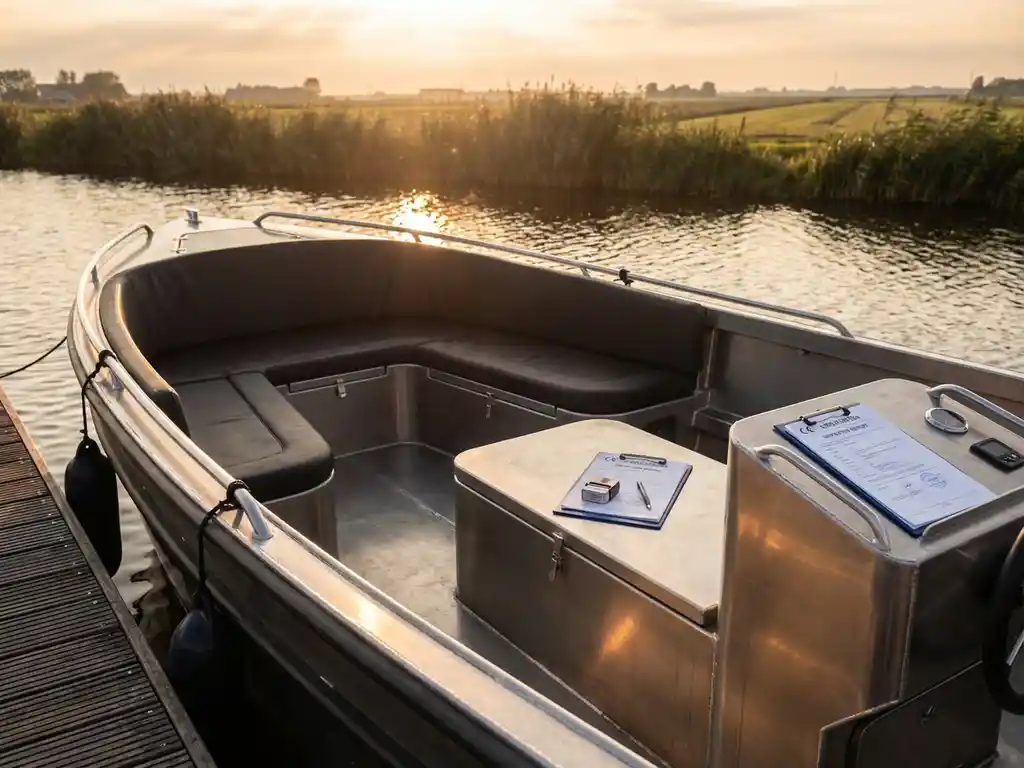 Aluminium sloep met CE-certificeringsdocumenten op dashboard, aangemeerd aan houten steiger in Nederlands polderlandschap