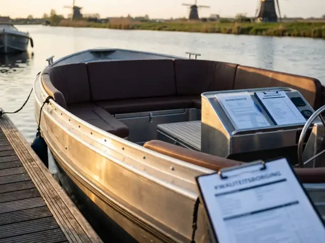 Aluminium sloep aangemeerd aan houten steiger met garantiepapieren op dashboard, ochtendlicht op Nederlands water