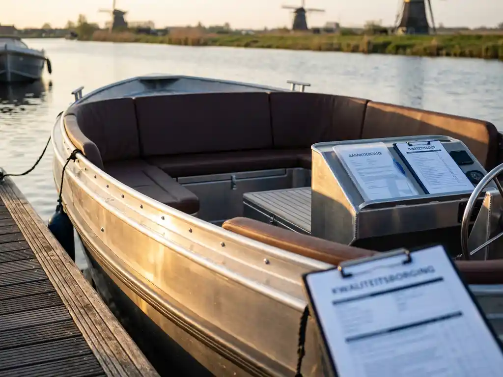 Aluminium sloep aangemeerd aan houten steiger met garantiepapieren op dashboard, ochtendlicht op Nederlands water