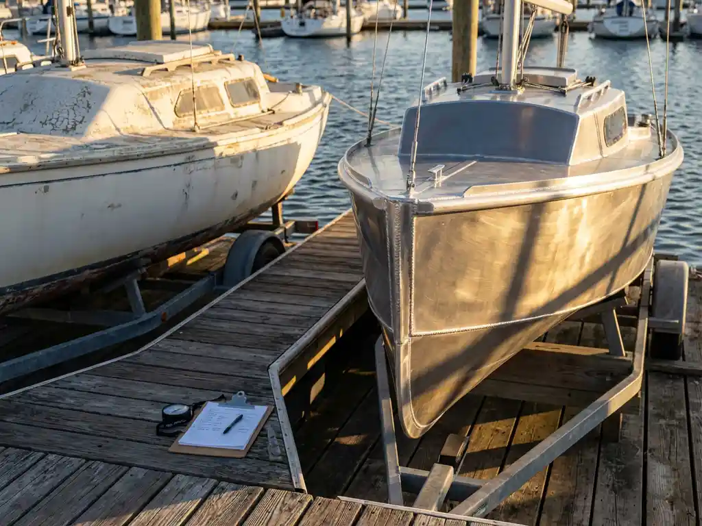 Aluminium zeilboot naast verweerde glasvezelboot op houten jachthaven steiger met inspectie klembord