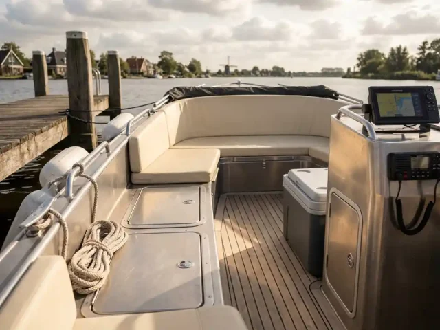 Interieur van aluminium sloep met bootaccessoires, touw, opbergvakken en navigatieapparatuur aan Nederlandse steiger