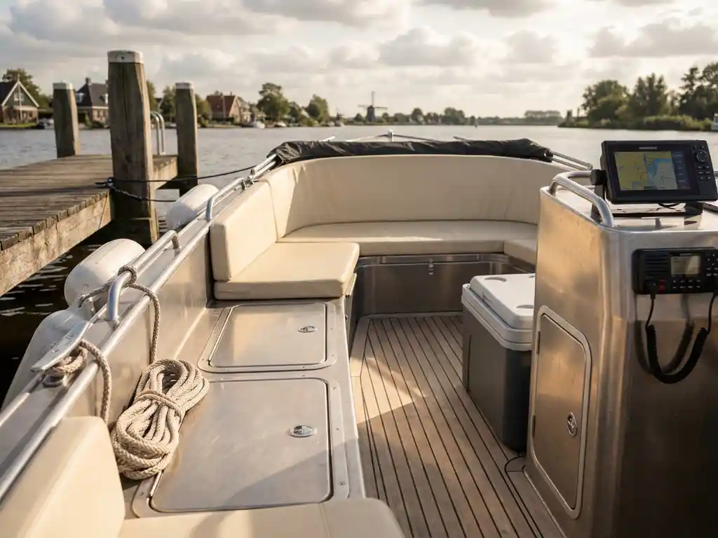 Interieur van aluminium sloep met bootaccessoires, touw, opbergvakken en navigatieapparatuur aan Nederlandse steiger