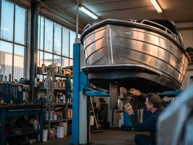 Aluminium sloep op onderhoudslift in werkplaats, monteur inspecteert motor en propeller, gereedschap zichtbaar