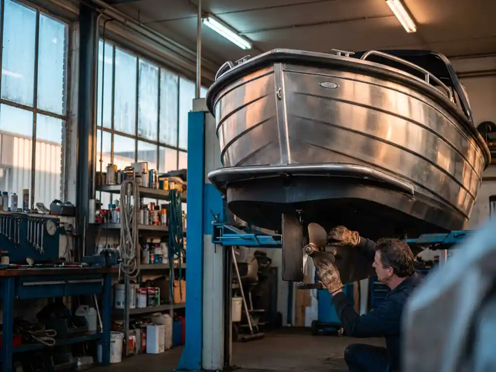 Aluminium sloep op onderhoudslift in werkplaats, monteur inspecteert motor en propeller, gereedschap zichtbaar