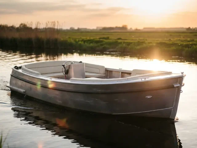 Aluminium sloep met open cockpit vaart door kalme polderwateren in gouden namiddaglicht