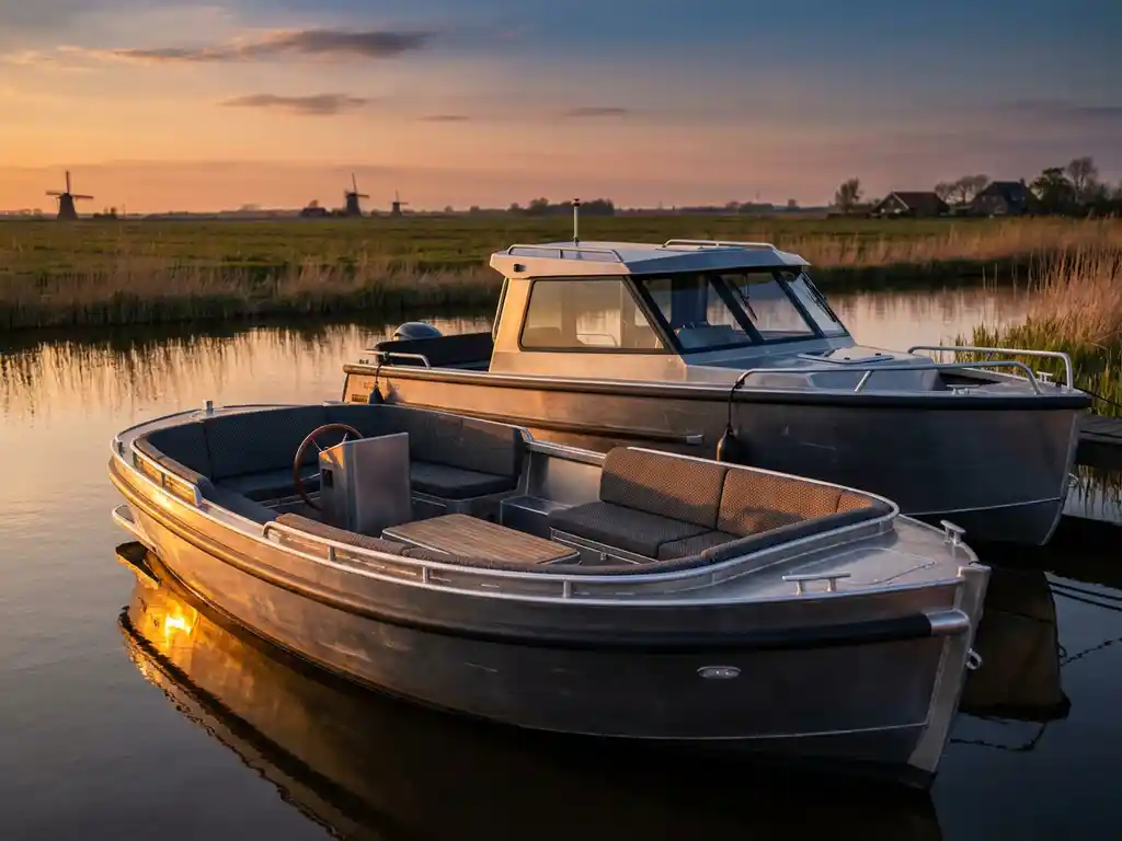 Twee moderne aluminium sloepen op kalm Nederlands polderwater tijdens gouden uur, open en cabin variant zij aan zij