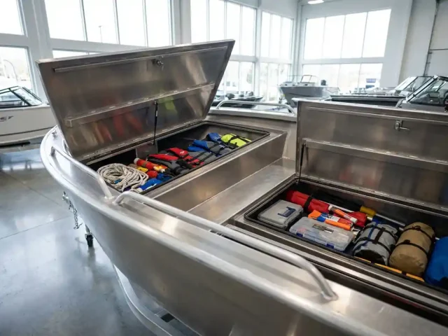 Aluminium tender boot met open opbergvakken vol georganiseerde maritieme uitrusting in heldere showroom