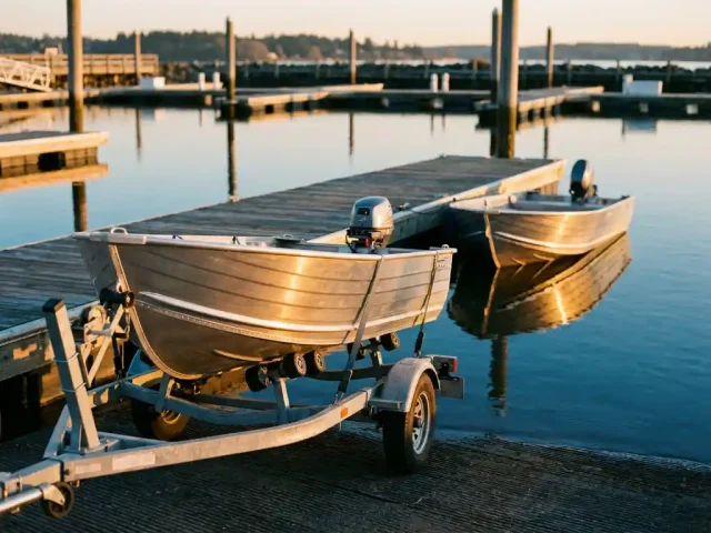 Aluminium tenderboot op gegalvaniseerde trailer naast houten steiger met identieke boot in kalm blauw water