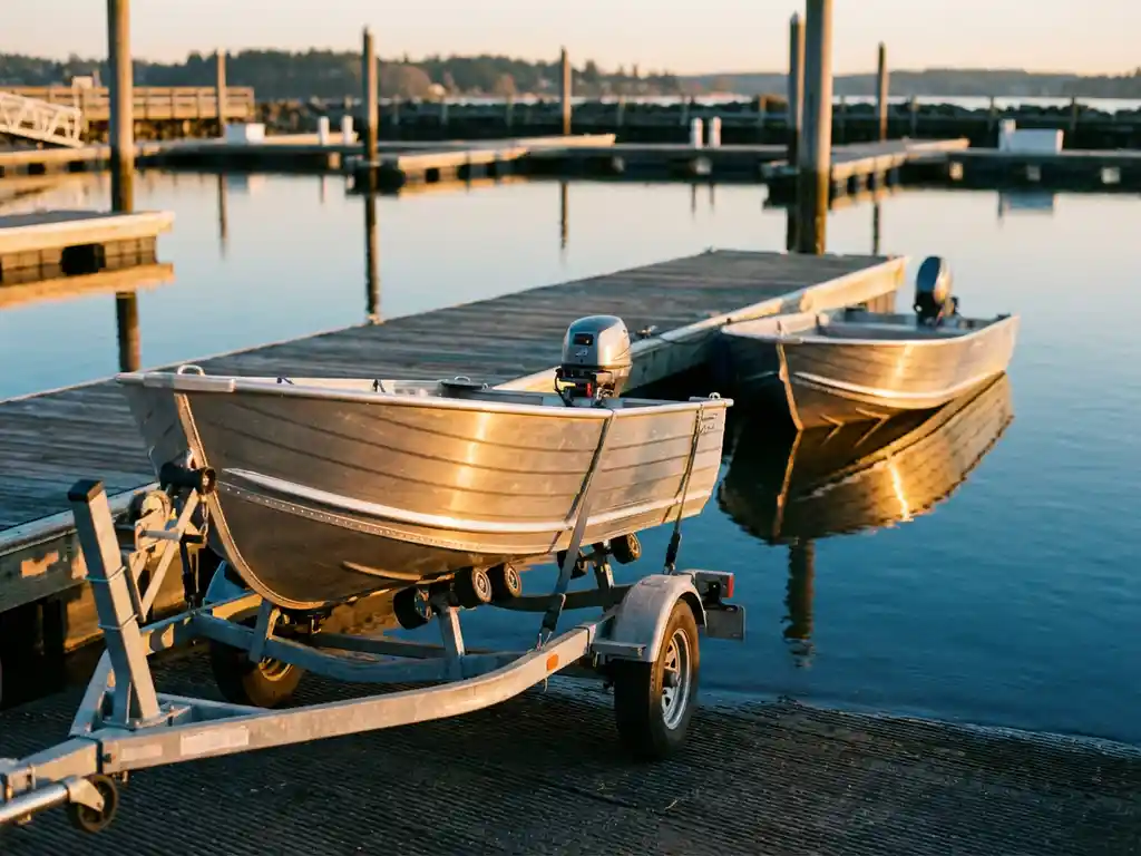 Aluminium tenderboot op gegalvaniseerde trailer naast houten steiger met identieke boot in kalm blauw water