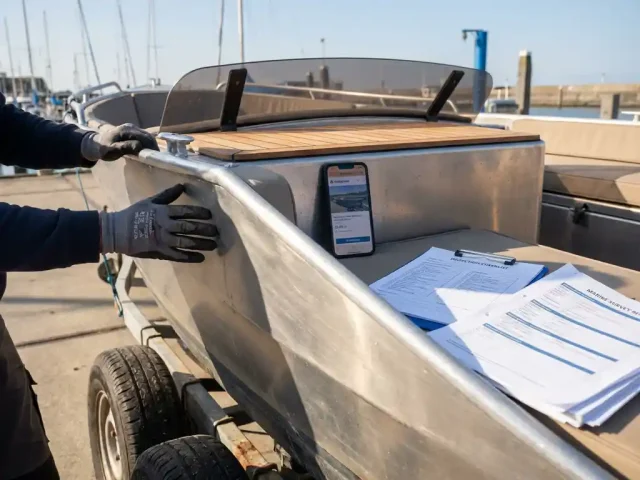 Persoon inspecteert aluminium sloep op trailer in jachthaven, Marktplaats-advertentie zichtbaar op smartphone