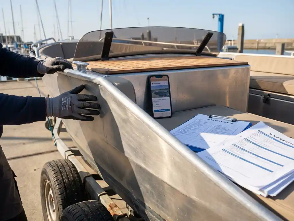 Persoon inspecteert aluminium sloep op trailer in jachthaven, Marktplaats-advertentie zichtbaar op smartphone