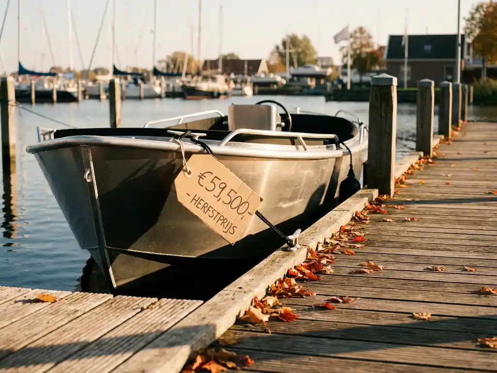 Aluminium sloep met prijskaartje op houten steiger omgeven door herfstbladeren, marina op achtergrond
