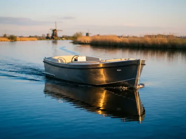 Aluminium sloep vaart door kalm polderwater tijdens gouden uur, rietoevers op achtergrond, Nederlandse waterweg