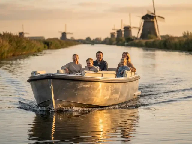 Familie van vier in aluminium sloep vaart door kalme Nederlandse wateren met molens en rietland op achtergrond