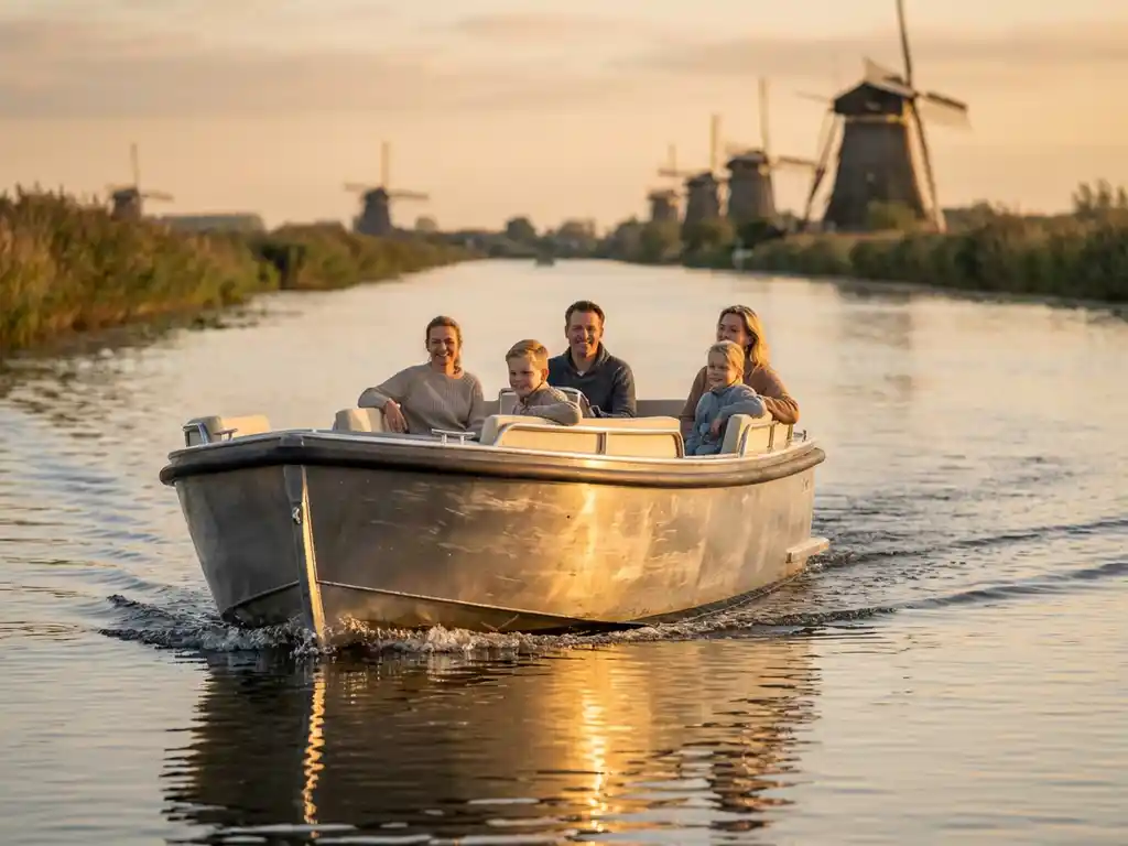 Familie van vier in aluminium sloep vaart door kalme Nederlandse wateren met molens en rietland op achtergrond