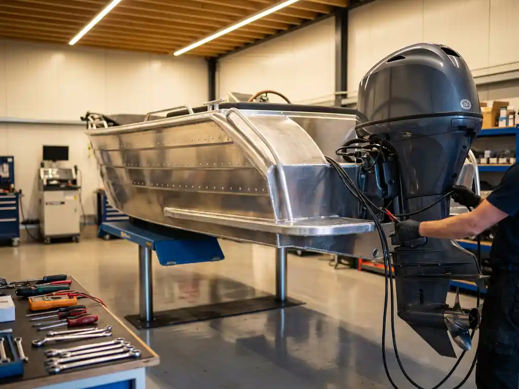 Aluminium sloep op hydraulische bootlift in professionele werkplaats, monteur inspecteert buitenboordmotor