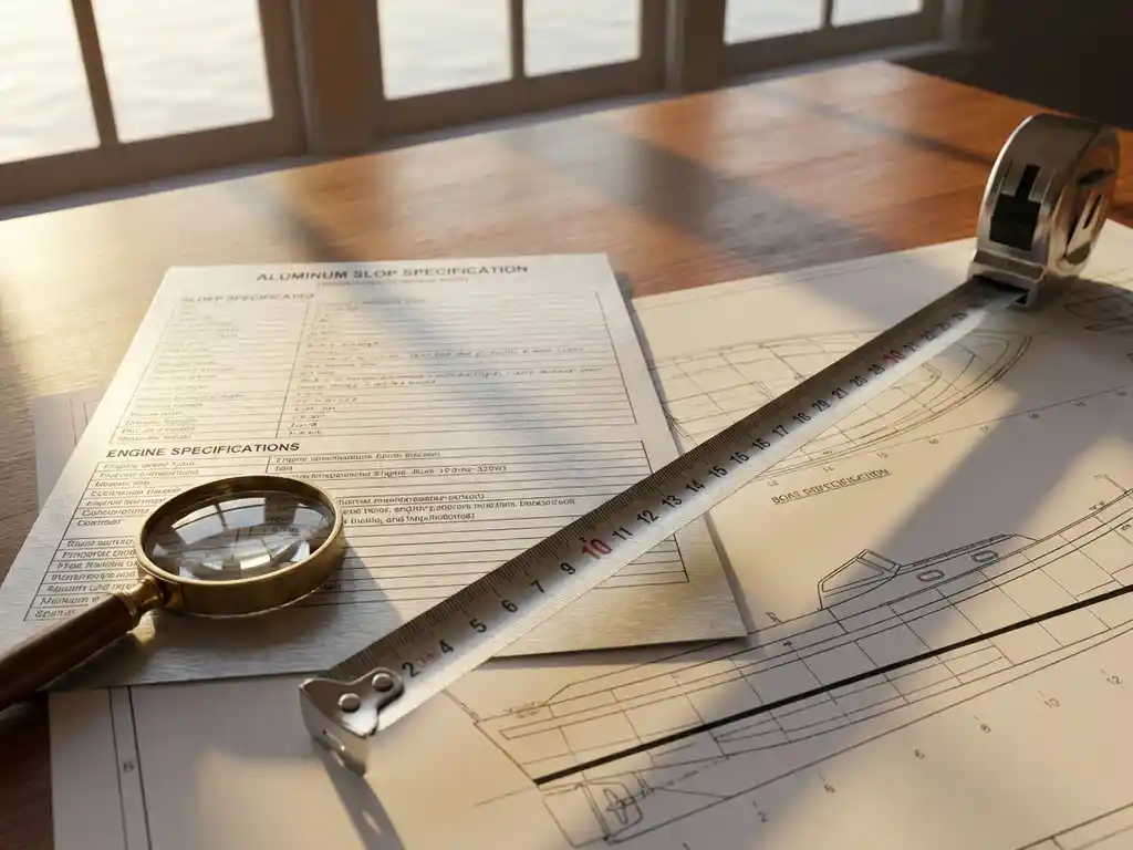 Aluminium sloep specificatieblad met meetlint over technische tekeningen op marina kantoorbureau bij daglicht