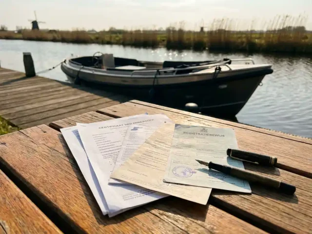 Officiële bootdocumentatie en certificaten op houten steiger met sloep op achtergrond in Nederlandse haven