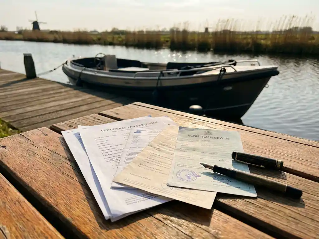 Officiële bootdocumentatie en certificaten op houten steiger met sloep op achtergrond in Nederlandse haven