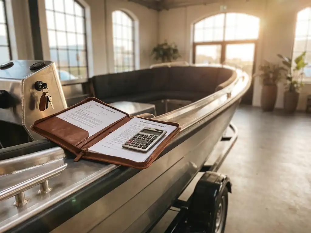 Aluminium sloep op trailer in showroom met financieringsdocumenten en sleutels op dashboard, zonlicht door ramen