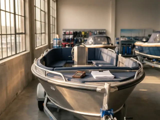 Aluminium sloep op trailer in marina showroom met huurcontracten en calculator op zitplaats, warme middagzon door ramen