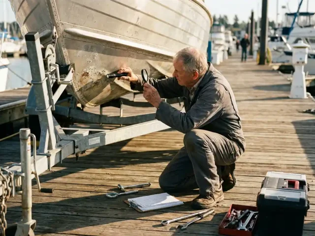 Bootinspecteur onderzoekt aluminium zeilboot op trailer in jachthaven met zaklamp en vergrootglas