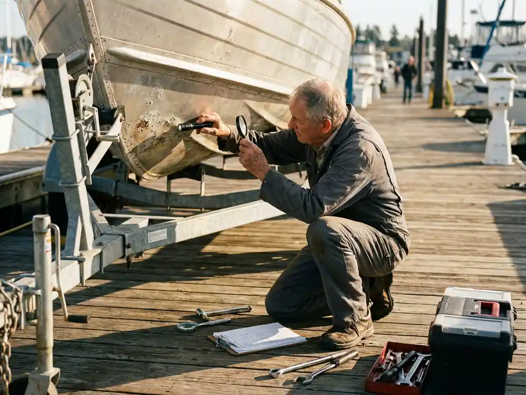 Bootinspecteur onderzoekt aluminium zeilboot op trailer in jachthaven met zaklamp en vergrootglas