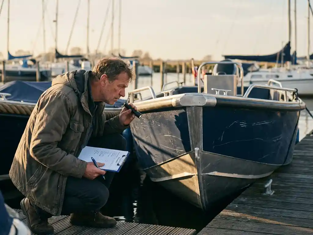 Koper inspecteert aluminium sloep op jachthaven, onderzoekt romp en motor met checklist in de hand bij zonsondergang