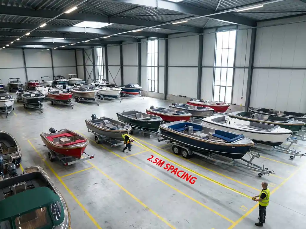 Georganiseerde botenstalling met aluminium sloepen en tenders op trailers in overdekte loods met betonvloer en gele lijnen