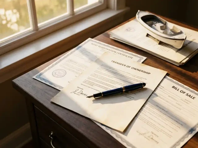 Bootregistratiedocumenten op houten bureau met vulpen en wit sloepmodel, klaar voor eigendomsoverdracht