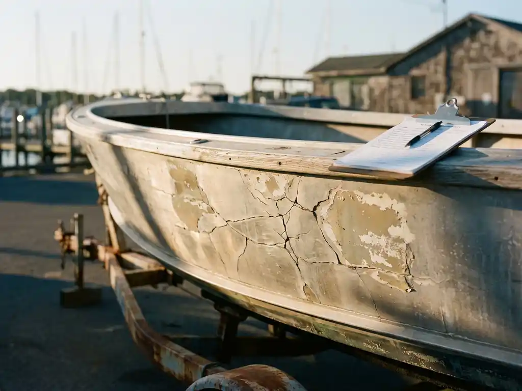 Beschadigde aluminium sloep met scheuren en gelcoat schade op trailer in jachthaven, inspectieformulieren op dolboord