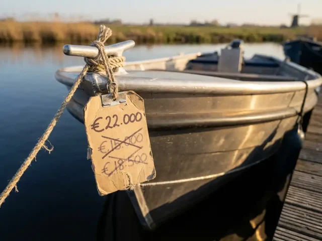Verweerde prijskaart aan aluminium sloep bij houten steiger, meerdere doorgestreepte prijzen, Nederlandse polderlandschap