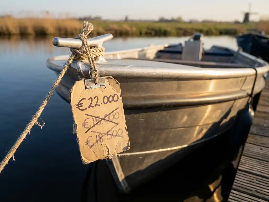 Verweerde prijskaart aan aluminium sloep bij houten steiger, meerdere doorgestreepte prijzen, Nederlandse polderlandschap