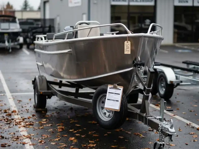 Verkochte aluminium sloep op trailer bij dealer, met SOLD-label en papierwerk, herfstbladeren op asfalt