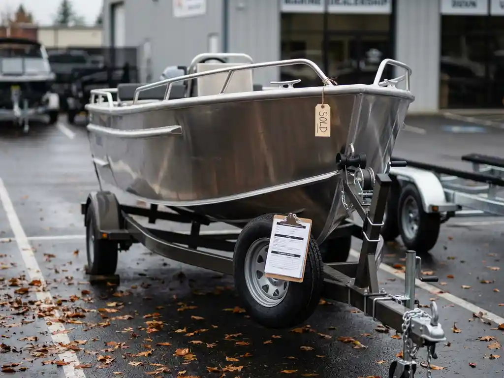 Verkochte aluminium sloep op trailer bij dealer, met SOLD-label en papierwerk, herfstbladeren op asfalt