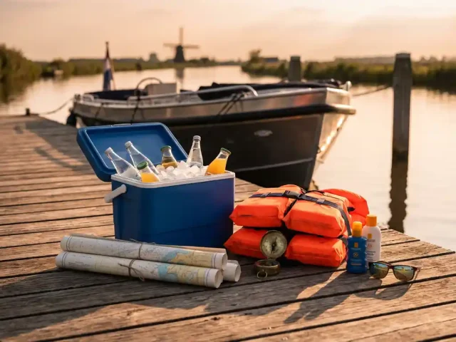 Houten steiger met bootuitrusting: koelbox, reddingsvesten, kompas en zonnebril, sloep op achtergrond in polderlandschap
