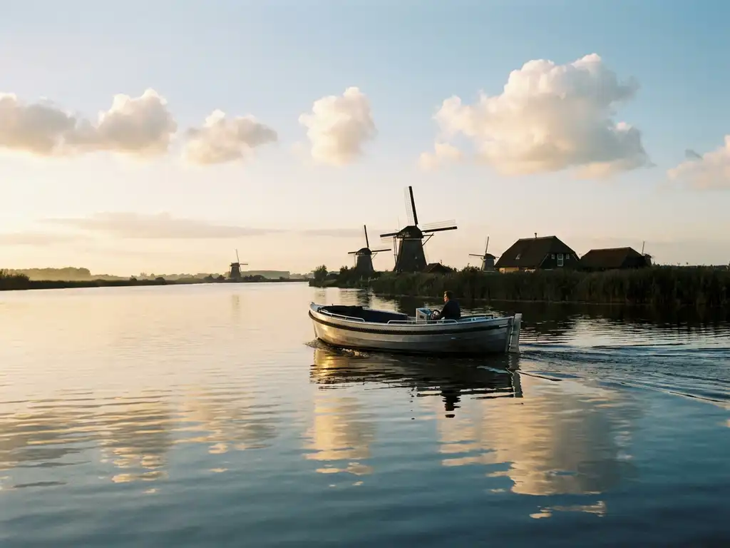 Aluminium sloep vaart over kalm Nederlands meer met windmolens op de achtergrond tijdens gouden uur