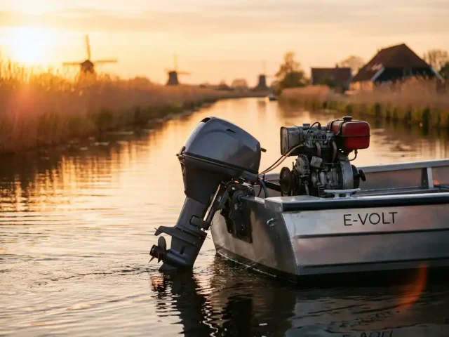 Aluminium boot met elektrische en benzinemotor op kalme Nederlandse waterweg bij zonsondergang