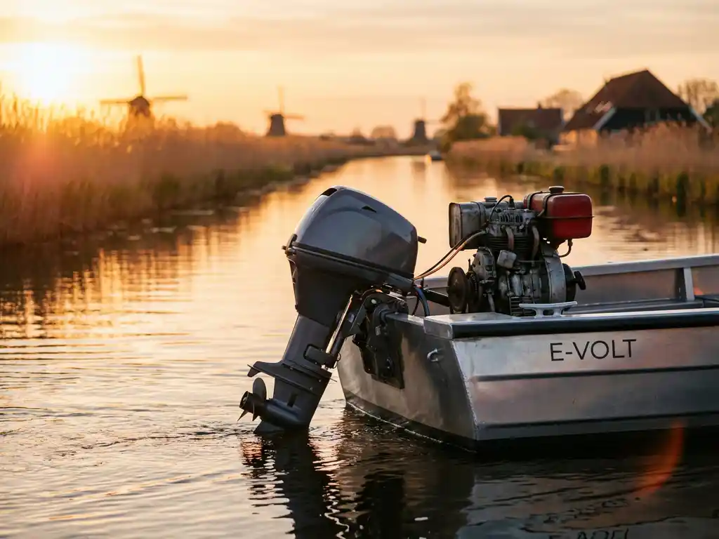Aluminium boot met elektrische en benzinemotor op kalme Nederlandse waterweg bij zonsondergang