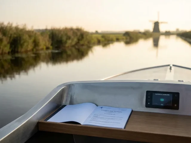 Moderne elektrische boot vaart door Nederlandse wateren met 2026 regelgevingsdocumenten op dashboard bij zonsondergang