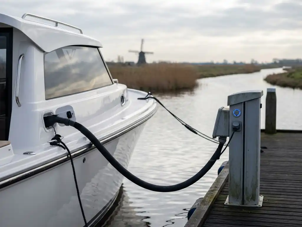 Witte elektrische boot laadt op aan moderne houten steiger met blauwe LED-indicator, Nederlandse polderlandschap op achtergrond