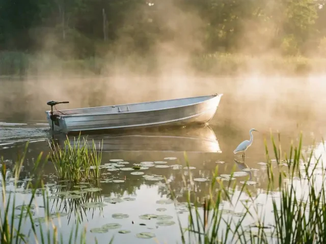 Aluminium zeilboot vaart geruisloos door moeras met riethalmen en waterlelies, witte reiger staat in ondiep water
