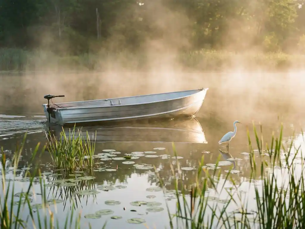 Aluminium zeilboot vaart geruisloos door moeras met riethalmen en waterlelies, witte reiger staat in ondiep water