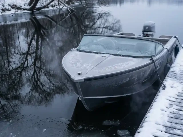 Elektrische aluminium boot aangemeerd aan houten steiger in winter, met rijp op de romp en ijs aan waterkant