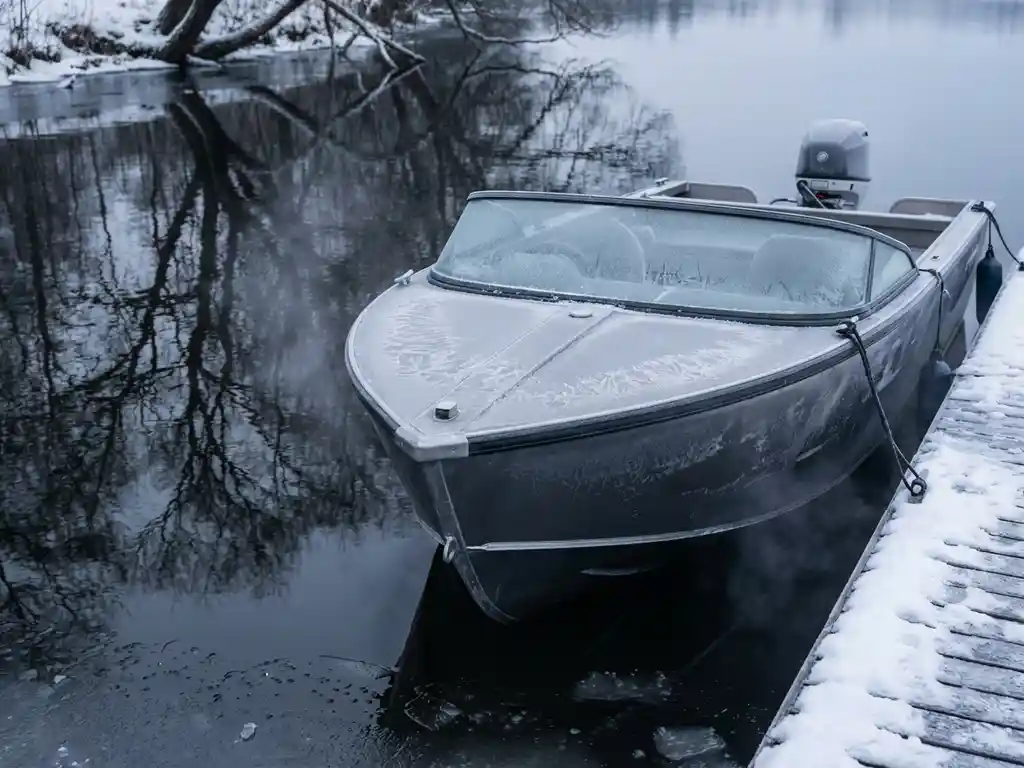 Elektrische aluminium boot aangemeerd aan houten steiger in winter, met rijp op de romp en ijs aan waterkant