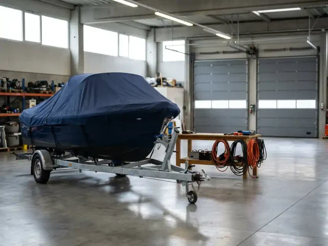 Elektrische boot met canvas afdekzeil op trailer in verwarmde winterstalling met oplaadkabels op werkbank