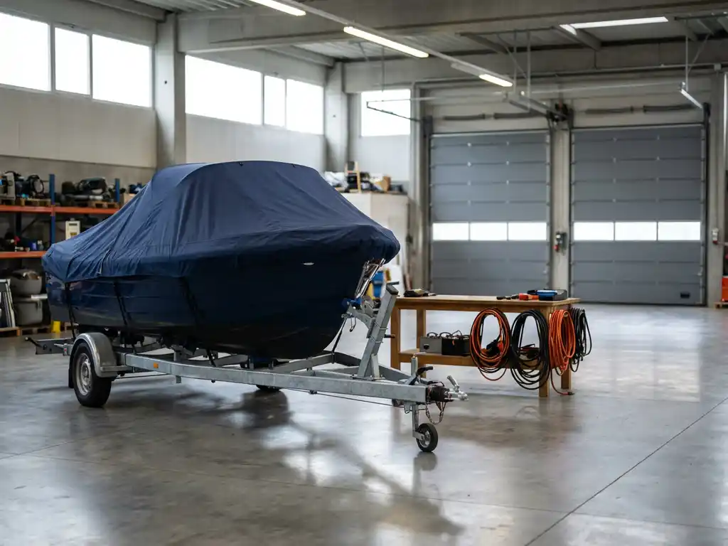 Elektrische boot met canvas afdekzeil op trailer in verwarmde winterstalling met oplaadkabels op werkbank