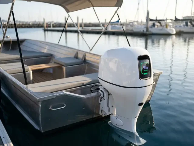 Witte elektrische buitenboordmotor gemonteerd op aluminium tender in jachthaven met digitale batterij-indicator