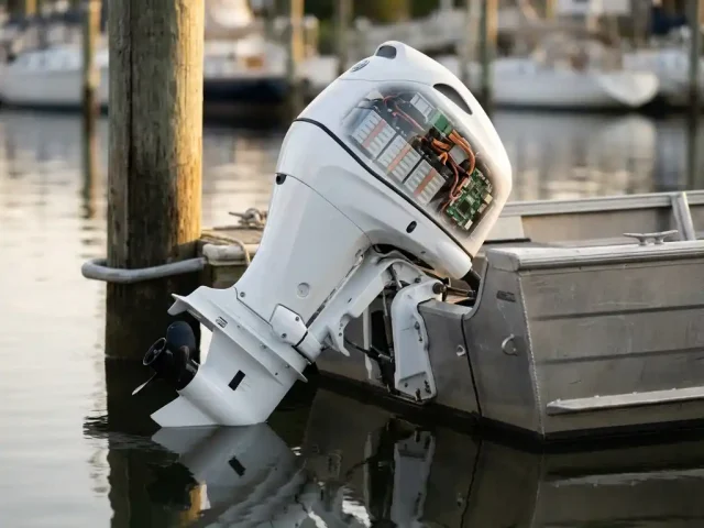 Witte elektrische buitenboordmotor op aluminium boot met doorsnede van batterijcompartiment en interne onderdelen